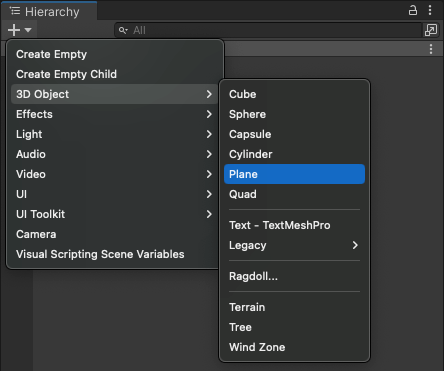 Adding a plane from the + button in the hierarchy window