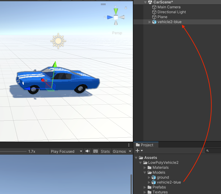 finding vehicle2-blue object inside the models window in lowpolyvehicles option