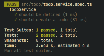 Result showing the test for creating to-do passing